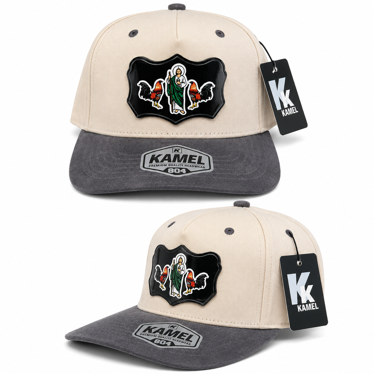 San Judas Tadeo Trucker Cap | Rooster Edition – Cream & Charcoal