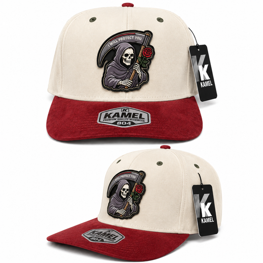 Grim Reaper Kamel 804 Cap – Cream & Burgundy