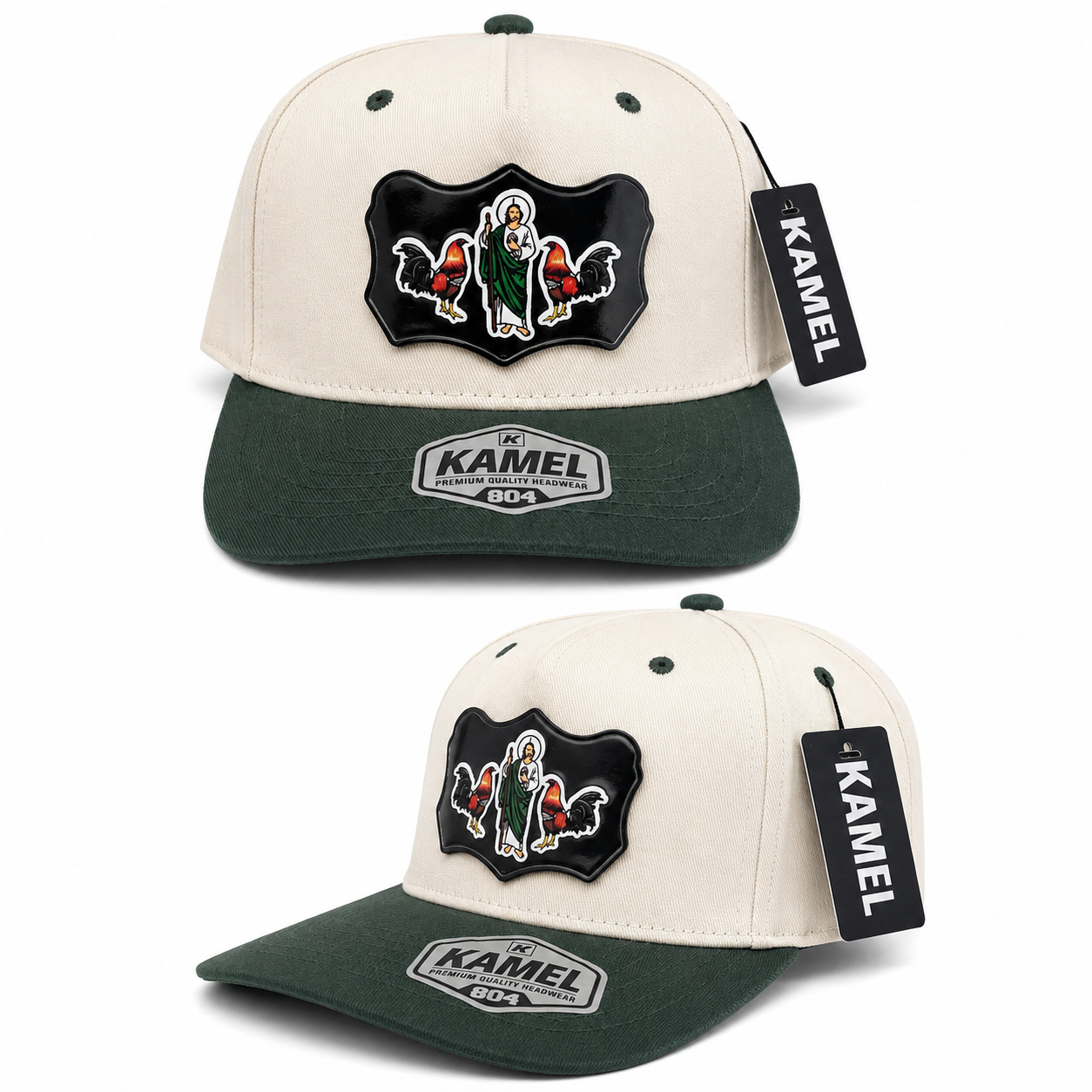 San Judas Tadeo Trucker Cap  | Rooster Edition – Cream & Forest Green