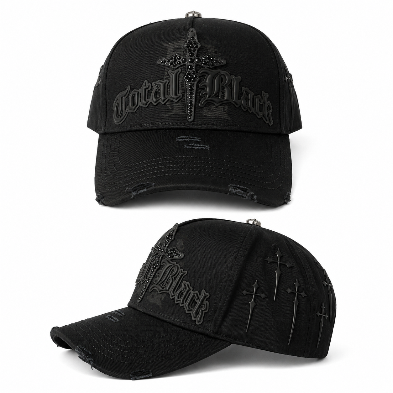 Total Black Cross Distressed Cap