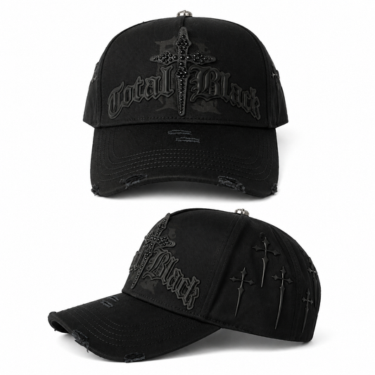 Total Black Cross Distressed Cap