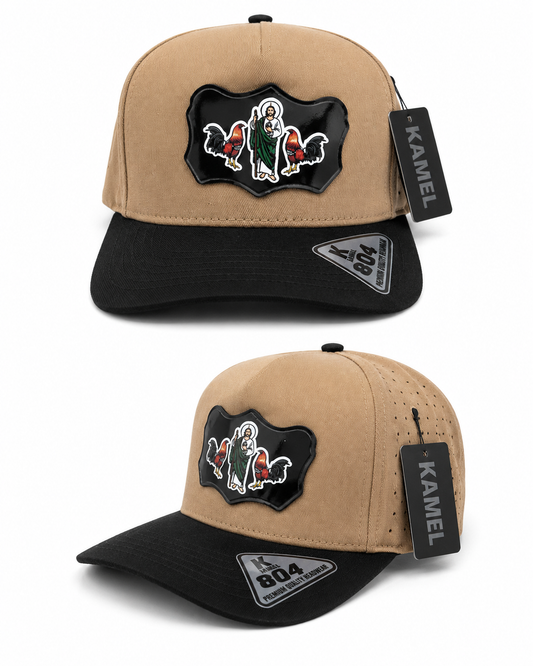 San Judas Tadeo Trucker Cap  | Rooster Edition – Tan & Black